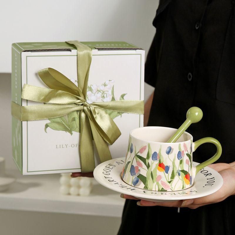 Original Hand Painted Lily of The Valley Flower Ceramic Coffee Cup Saucer Set Niche Latte Cup Afternoon Tea Exquisite Souvenir Gift