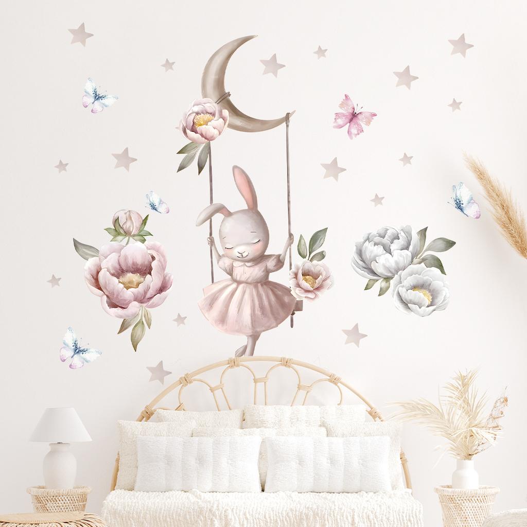 Watercolor Cartoon Rabbit Flower Butterfly Wall Stickers Removable for Kids Girls Rooms Nursery Children Wall Decals Home Decor