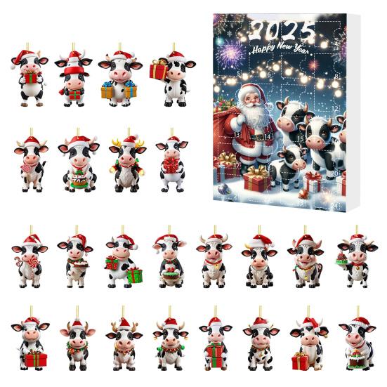 Cow Advent Calendar 2025 24 Days Christmas Countdown Calendar with 2D Acrylic Highland Cow Hanging Ornaments Cute Cow Christmas Tree Pendant
