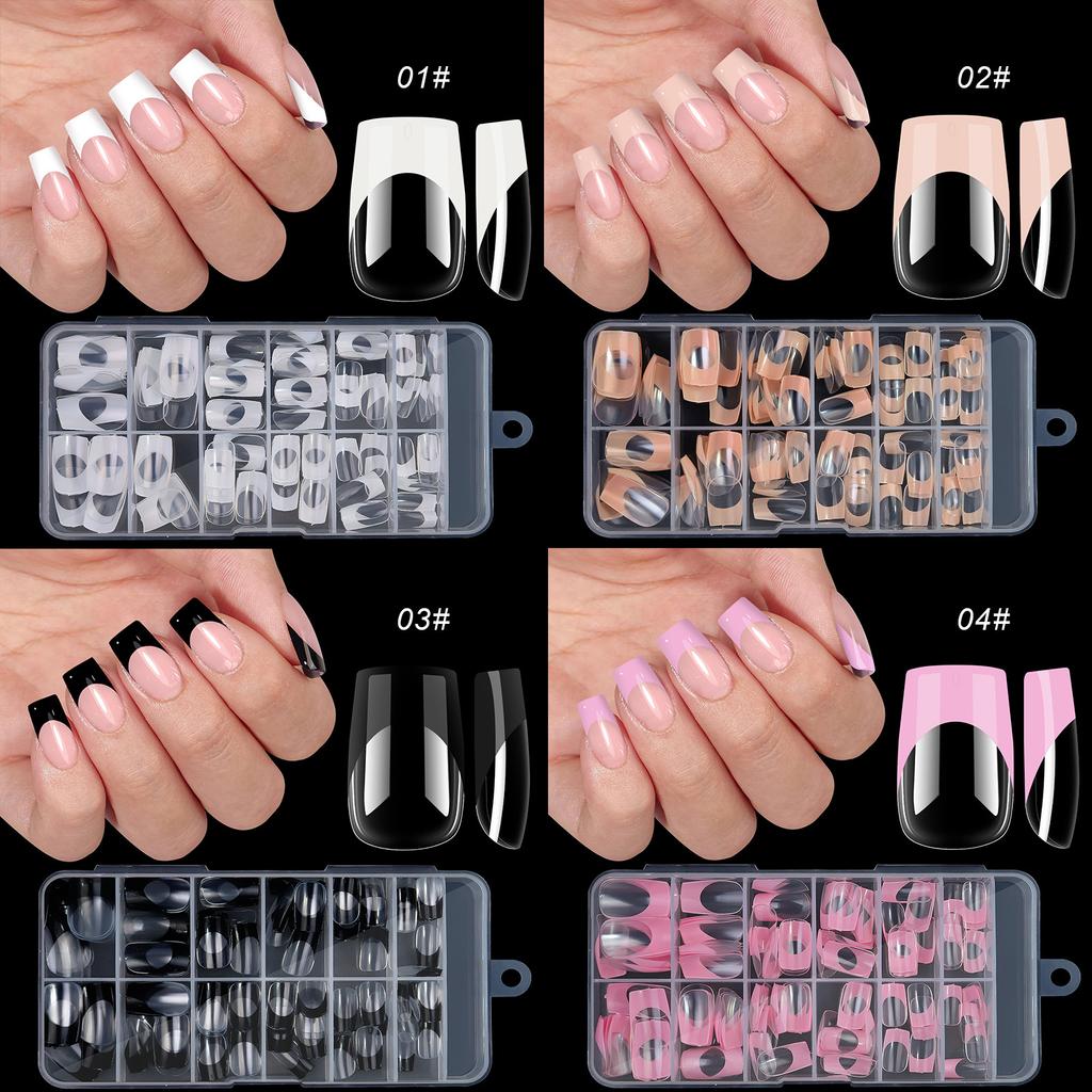 120pcs/box Acrylic French False Nails Medium Length Square Armor Full Cover Nail Tips Removable Mixed Size Press On Nails