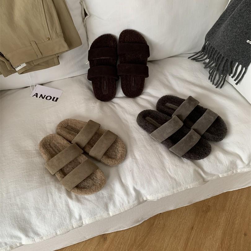 2025 Autumn and Winter Mao Mao Shoes Slippers Women's New French Style with Skirt Women's Shoes Wear One-word Thick-soled Slippers