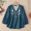 Women Casual V-Neck 3/4 Sleeve Buttons Floral Print Loose Blouse