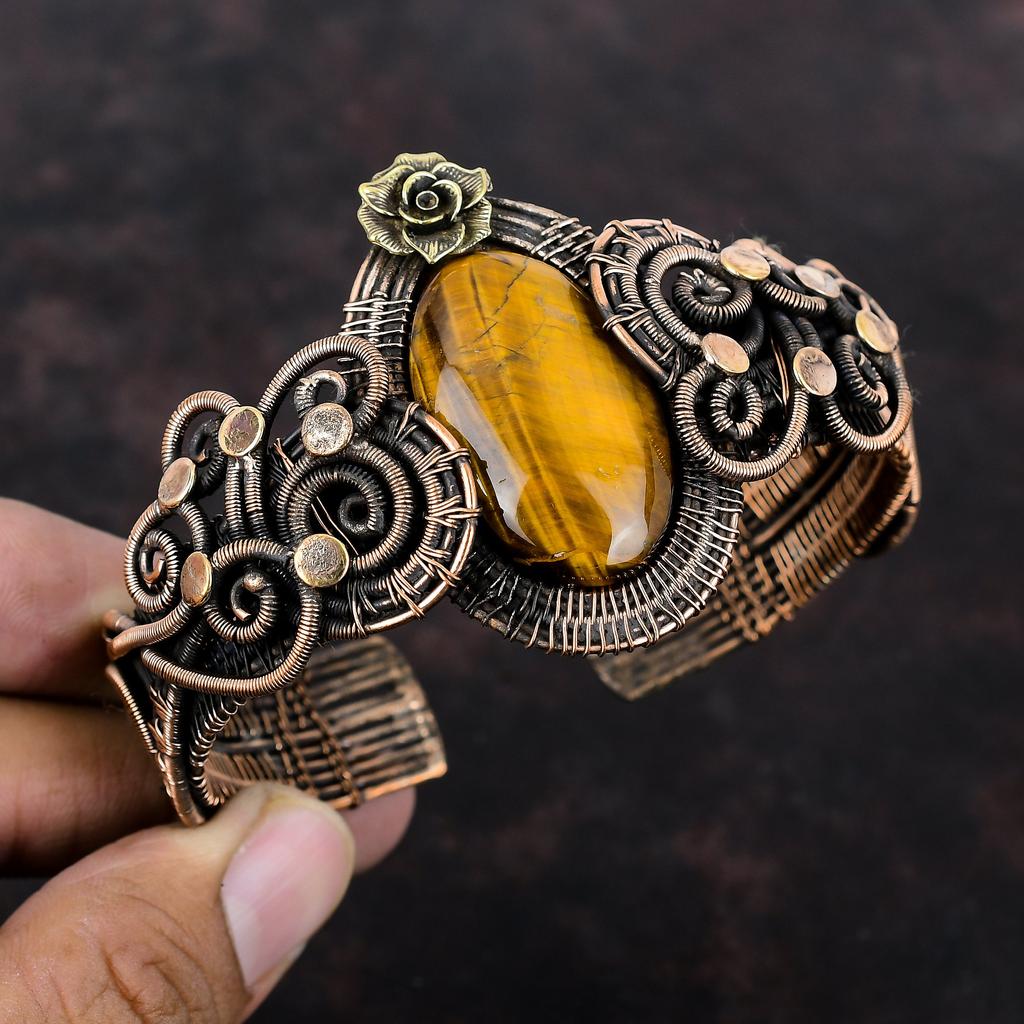 Браслет-манжета с драгоценным камнем тигровый глаз, браслет из медной проволоки, регулируемый браслет-манжета ручной работы, подарок на помолвку, медные украшения, цветочный браслет