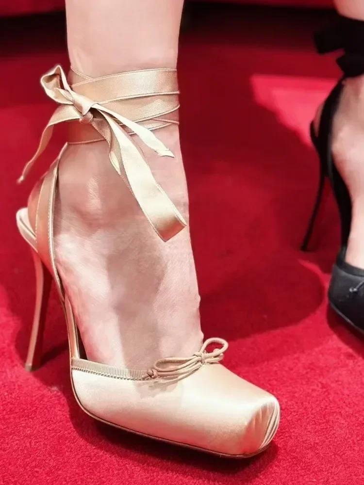 Новые летние женские босоножки на высоком каблуке из квадратного атласа с ремешками на щиколотке, модные туфли на высоком каблуке для вечеринок и банкетов