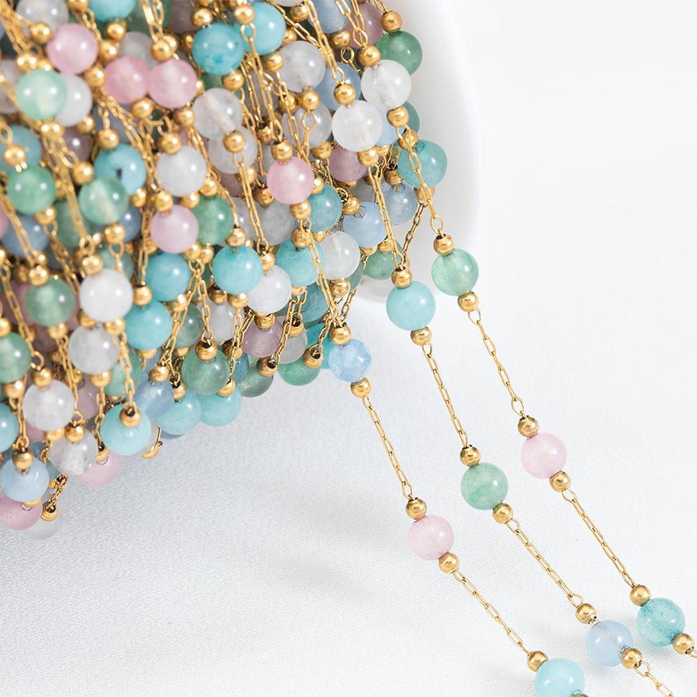 1M Fashion Glass Ball Flat Beads Stainless Steel Beaded Chain Gold Color Chains for DIY Women Necklace Bracelet Jewelry Findings