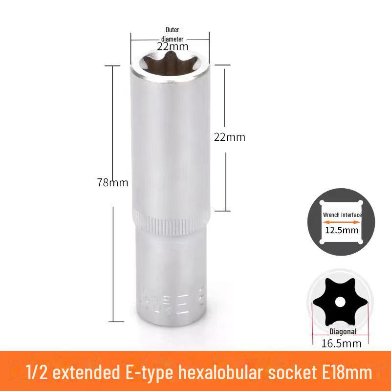 Metric 6-Point Flower-Shaped E-Type Socket Set: 1/2 Large, 3/8 Medium, 1/4 Small, Star Type.