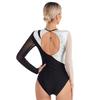 Womens Gymnastics Leotard Metallic Contrast Color Patchwork Sheer Mesh Long Sleeve Cutout Back Rhinestones Dancewear