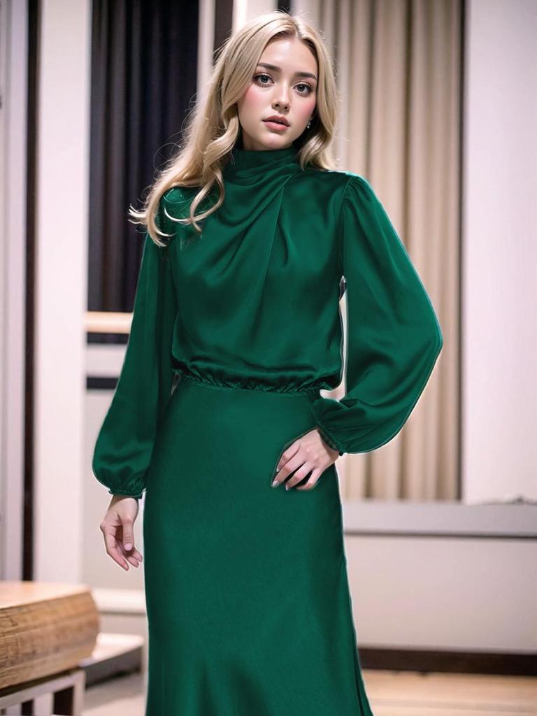 Elegant Women's 2025 Autumn Satin Long Sleeve Evening Dress