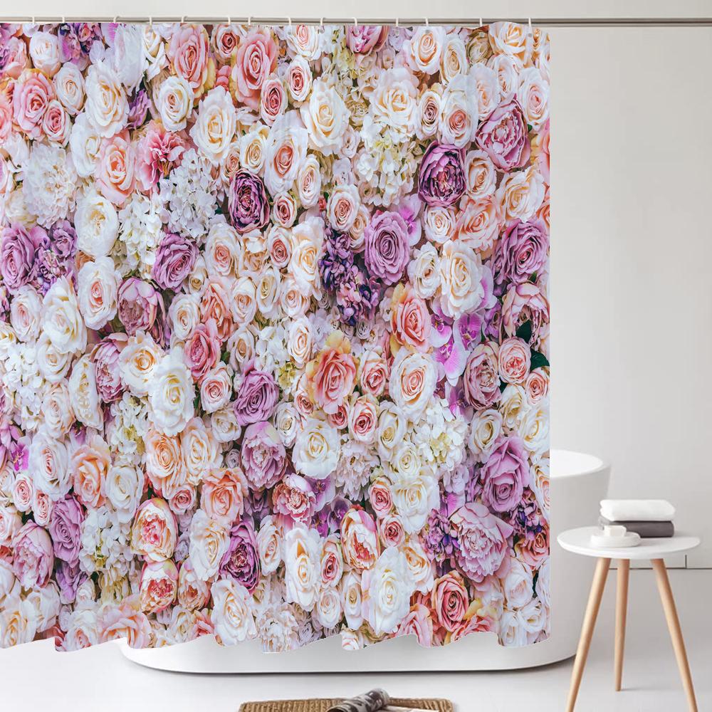 1Pcs Pink flower printing waterproof shower curtain, Rose flowers wall bathroom decorative curtain with plastic hooks