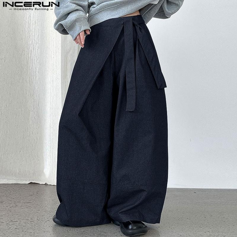 INCERUN Мужские повседневные брюки на шнуровке с запахом на талии, длинные брюки широкого кроя