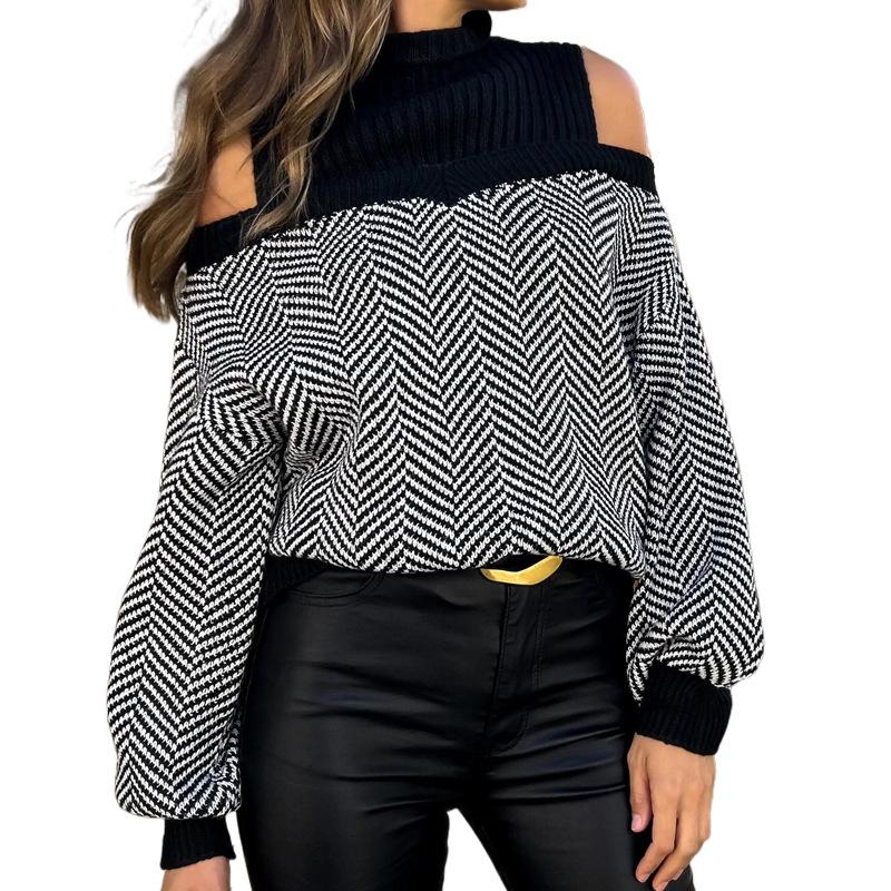 Autumn and Winter Women's Striped Sweater Half High Neck Fashion Pullover Cold Shoulder Knitwear