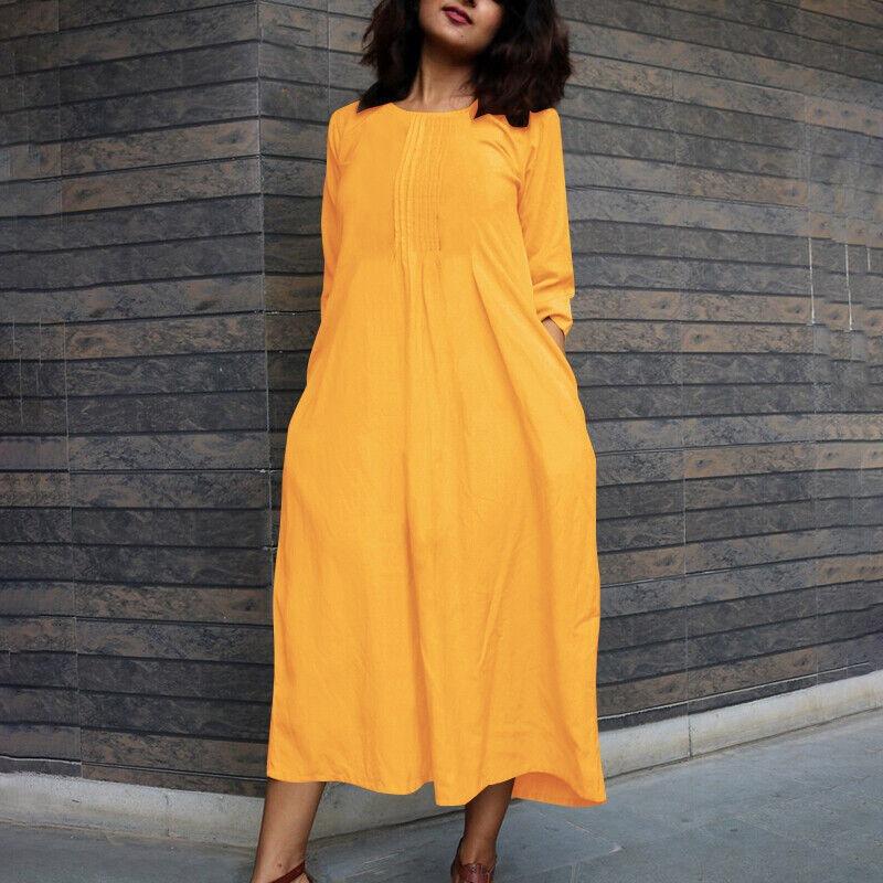 Длинные рукава, омолаживающее модное повседневное платье с круглым вырезом и карманами