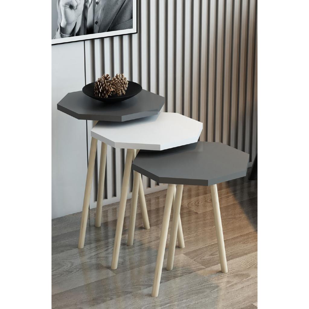 3-х предметный журнальный столик и набор журнальных столиков, восьмиугольный журнальный столик, набор журнальных столиков с деревянной ножкой и грабом