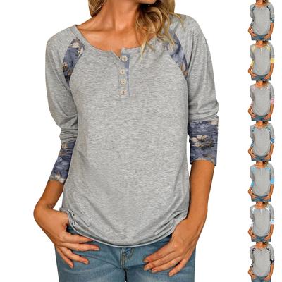 Женская повседневная футболка с v-образным вырезом и коротким рукавом с цветочным принтом и декоративными пуговицами, топ