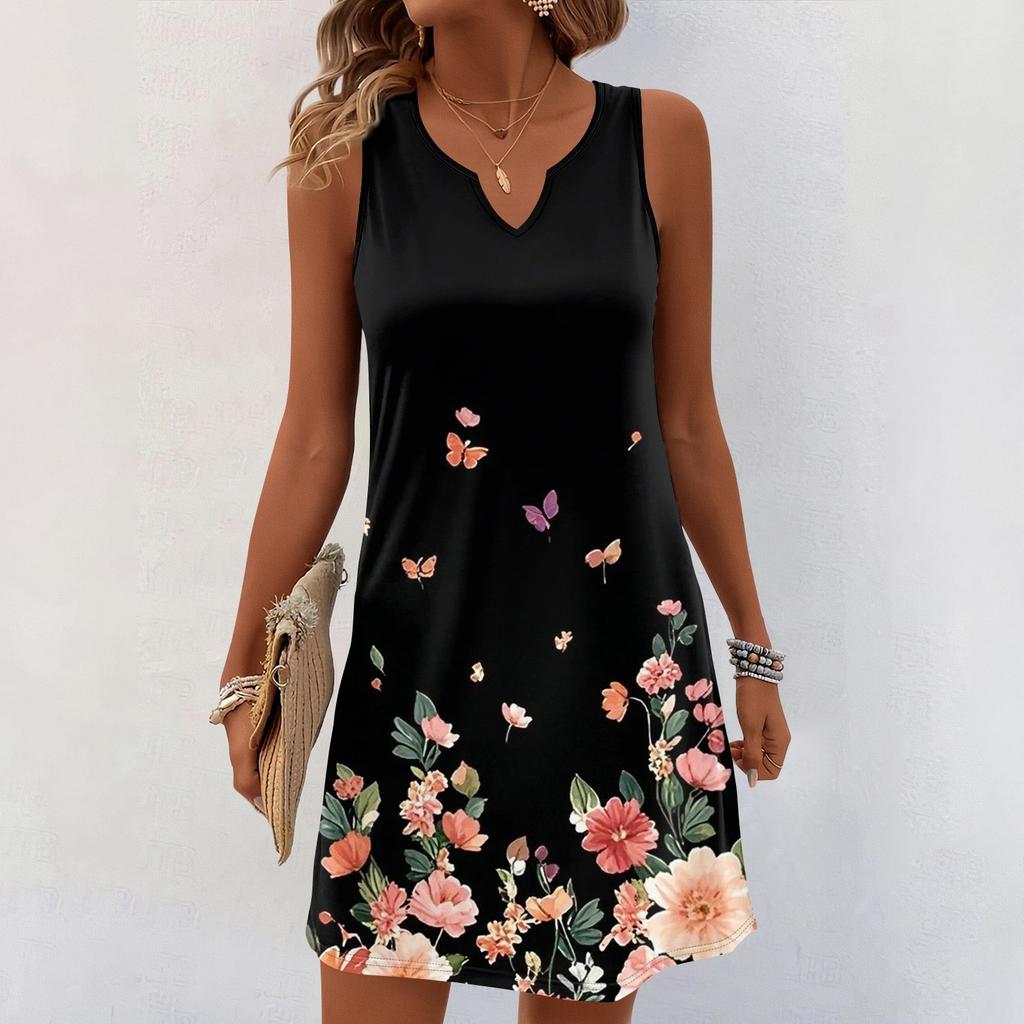 Женские летние платья с V-образным вырезом и принтом без рукавов Сарафан Повседневное платье