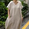 Japanese Retro Linen V-neck Dress with Big Pockets (2025 Collection)