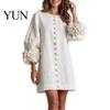Solid Color Fall Dress 3D Flowers Long Sleeve for Women, Loose Fit Comfortable Women Mini Dress, Lantern Casual Short Lady Autumn