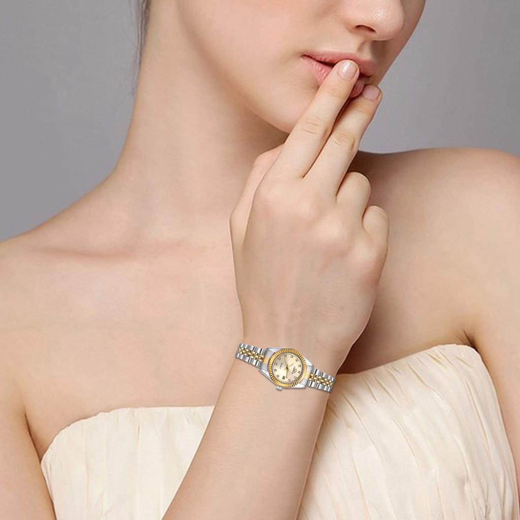 JEWELRYWE Watch 3ATM Waterproof Calendar Luminous Analog Japanese Quartz Stainless Steel Belt Fashion Accessory Gold Women's Women's