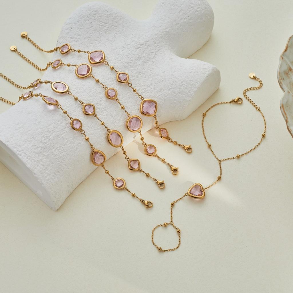 GEMCHIC Women's 18K Gold Plated Pink Crystal Beaded Chain Bracelet Stainless Steel Geometric Design Fashion Jewelry