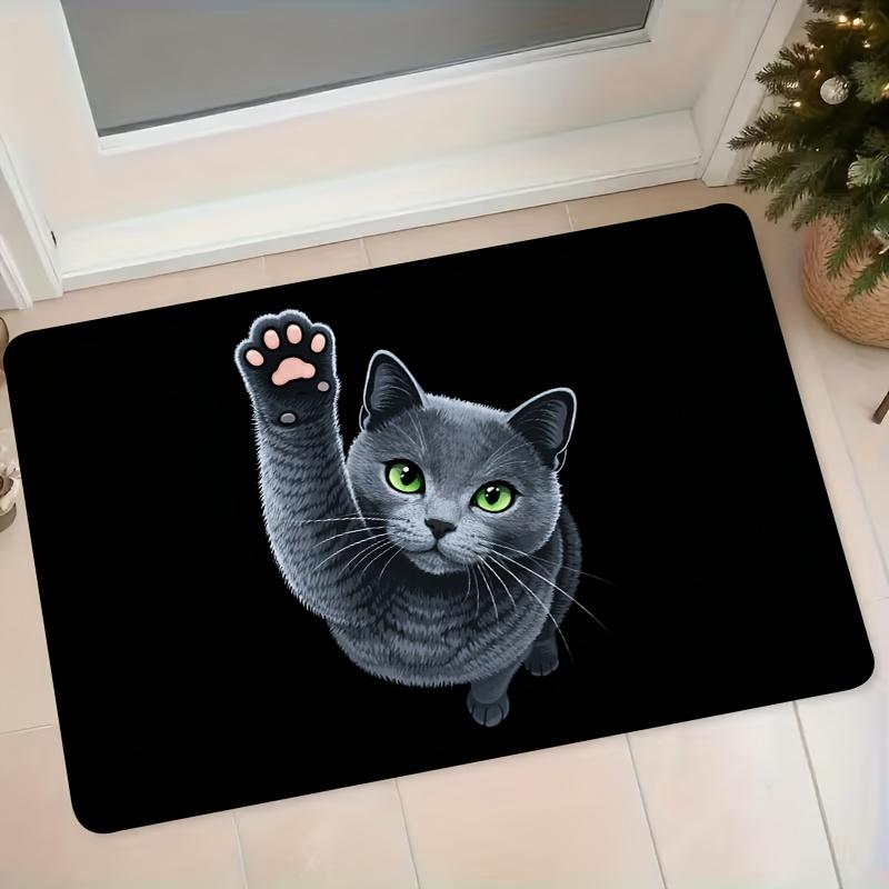 1pc Cartoon Gray Cat Flannel Mat Entrance Door Bathroom Kitchen Absorbent Non-Slip Foot Mat Black Base Cute Clawing Cat Mat