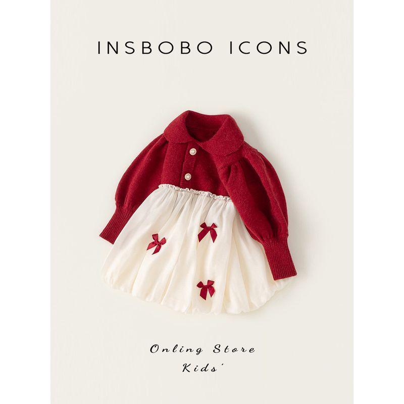 Insbobo Girls' Dress 2026 Spring New Style Red Sweater Dress Fashionable Dress One-Year-Old Girl's Formal Dress