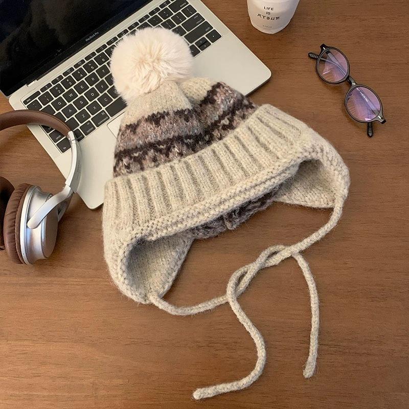 Осенне-зимняя вязаная шапка Фэйр-Айл с защитой ушей шерстяная шапка женская утолщенная теплая шапка зимняя вязаная сумка на голову шапка-ушанка