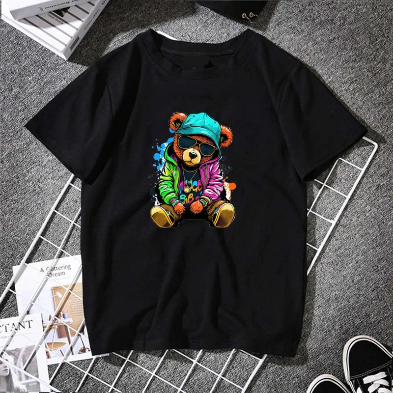 Teddy Bear Playing Badminton Tshirt Exercise Clothing Short Sleeve Tops Graphics Kawaii Unisex Women Short Sleeve Printed Shirt Top