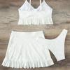 Solid Bikini Set High Waist Mesh Beach Style Swimwear Women Three-piece Flounce Summer Swimsuit Biquini Bathing Suit