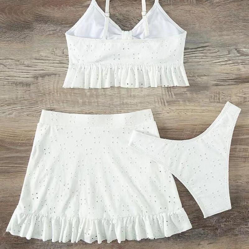 Solid Bikini Set High Waist Mesh Beach Style Swimwear Women Three-piece Flounce Summer Swimsuit Biquini Bathing Suit
