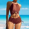 2Pcs/Set Women Summer Bikini Set Hollow Out Halter Bra High Waist Side Drawstring Swimming Trunks Set