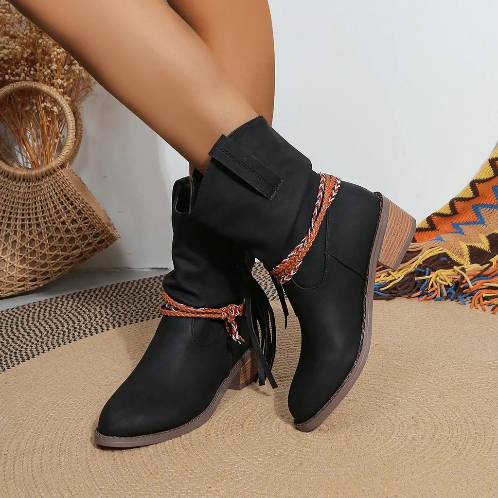 Pirate Boots Woman Pleated Tassel Mid-calf Boots Women Pointed Toe Chunky Heel Short Boots Female Slip-on Boots Plus Size 43