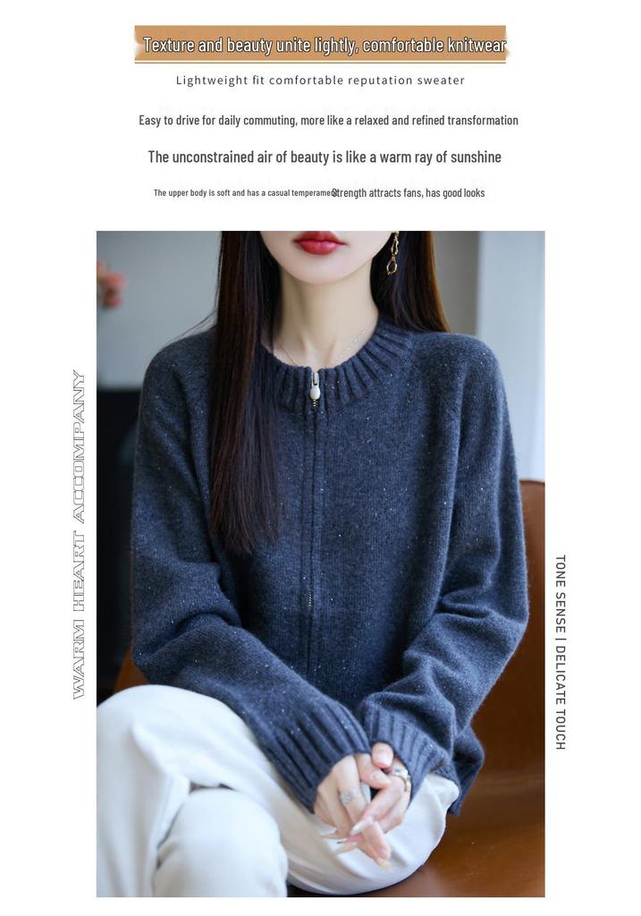 Korean Style Double Zipper Raccoon Fur Knit Cardigan - Stylish, Versatile Thick Round Neck Sweater Coat with Color Dots.