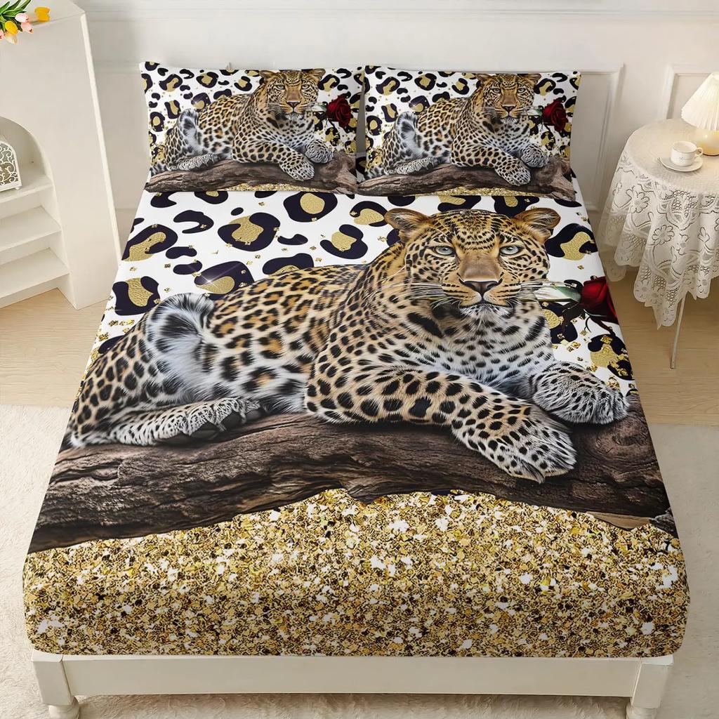 Wild Animal Tiger and Lion Fitted Sheets Super King Size, with 1 Pillowcases, Bed Sheets Bedroom Decor Gift, 30 Cm Deep Pocket