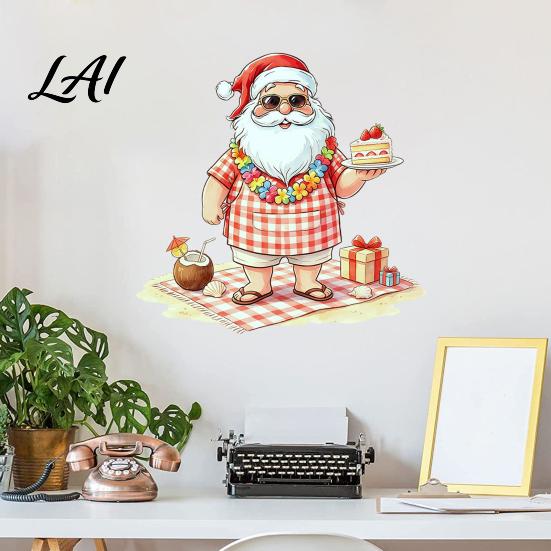 Festive Home Decor Christmas Picnic Santa Claus Wall Sticker Waterproof PVC Plaid Decal Mural Decals with Cake Design Removable Art for Holiday