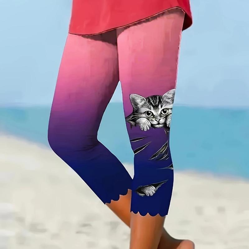 Повседневные женские леггинсы с принтом кота, капри, модные брюки для бега с высокой талией, элегантные узкие модные женские леггинсы, брюки 24520