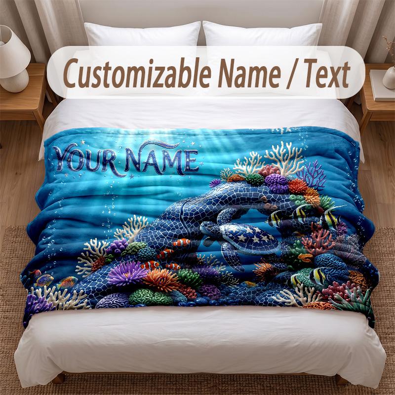 Fish Ocean Theme Soft Blanket Personalized Custom Name Text Print Warm Blanket Home Sofa Bedroom Decor
