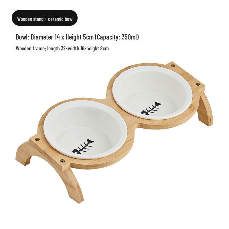 Керамическая миска для домашних животных на деревянной подставке двойного назначения: Противоударная конструкция для защиты шеи, подходит для кошек и собак.