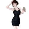 Spice girl sexy pure lace neck sling dress temperament three-dimensional flower decoration backless slim hip skirt