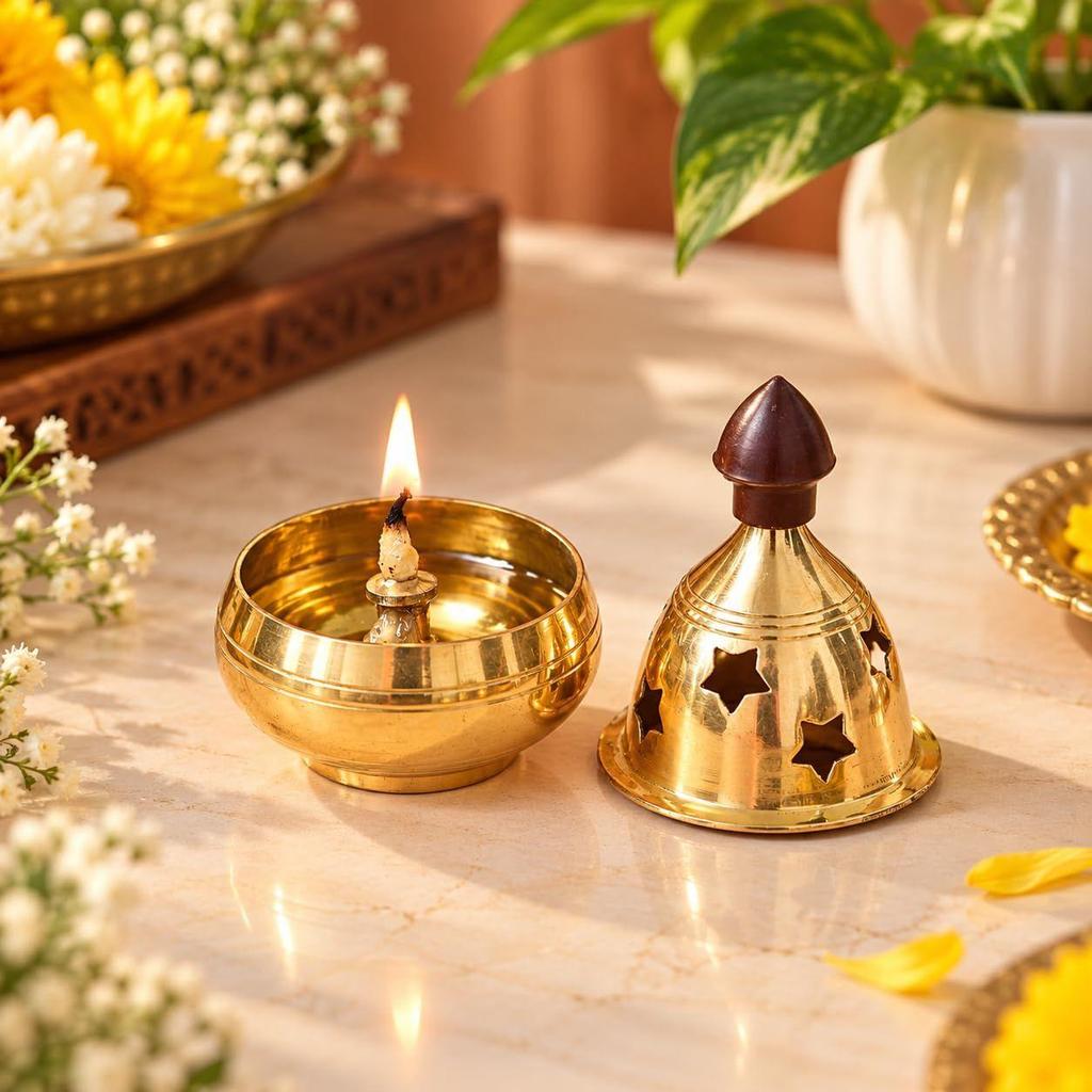 CraftIndia Золотая Традиционная Латунная Лампа Акханд для Комнаты Пуджи, Дома,