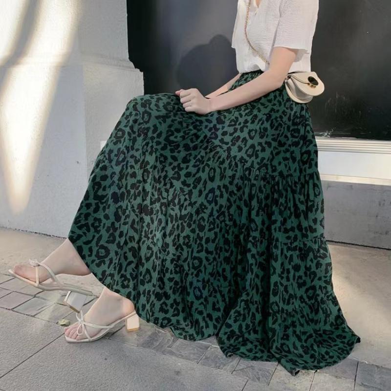 Leopard Print High-waisted Skirt Women's Spring and Summer New Drape A-line Large Skirt Was Thin Stitching Cake Skirt