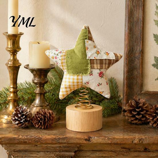 Small Tree Decoration Christmas Star Topper, Patchwork Plush Stuffed Xmas Handmade Cloth Topper Ornament for Winter Holiday Party Home Decor Fabric