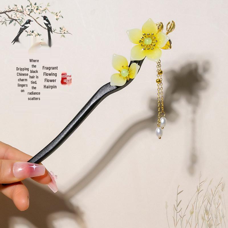 Elegant Wooden Chinese Tassel Hairpin for Hanfu | Women's Ancient Costume Hair Bun Accessory & Styling Ornament Gift.