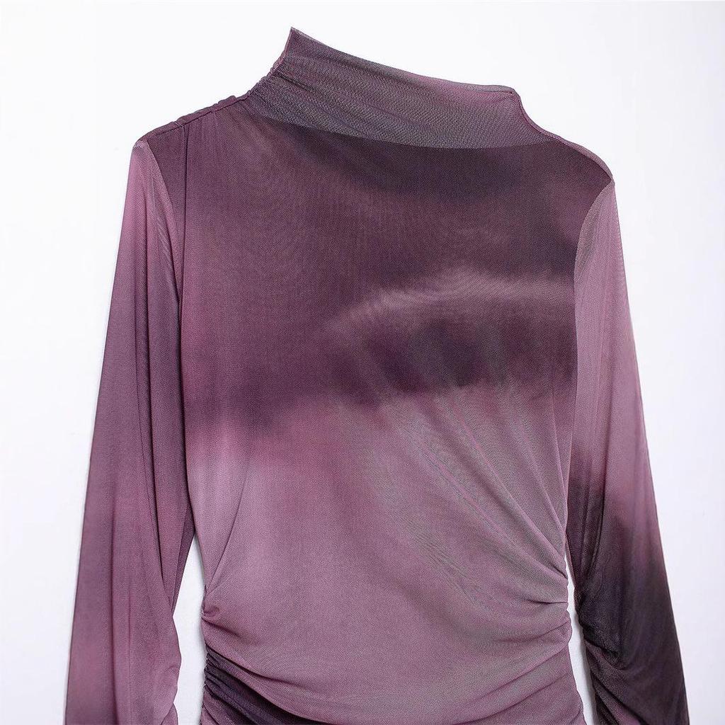 Европейско-американский тренд 2024: Женское облегающее платье из плиссированной шелковой сетки со стойкой и длинными рукавами, осенний стиль