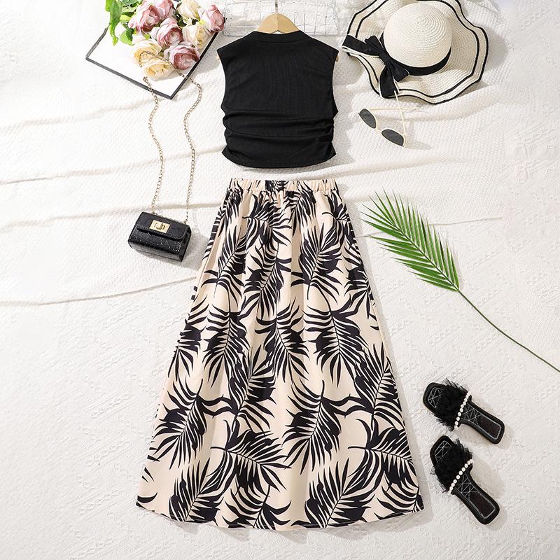 Одежда для девочек, летняя новая юбка-бюстье с принтом + трикотажный топ без рукавов 7-12 лет, детский костюм с юбкой