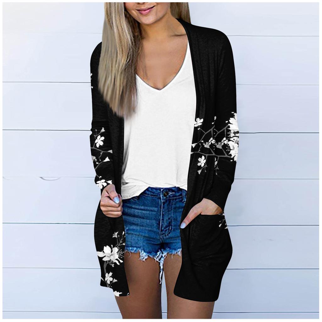 Женская модная свободная повседневная куртка-кардиган средней длины с длинными рукавами и принтом, топ