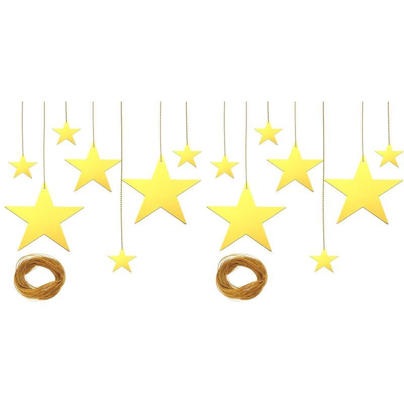 A25F-48Pcs Gold Cardboard Stars, 4 Sizes Shining Cutouts Paper Stars With 164Ft Gold Line, Star Hanging Decorations For Party