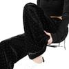 Women's Black Gold Velvet Rhinestone Wide Leg High Waist Fashion Pants