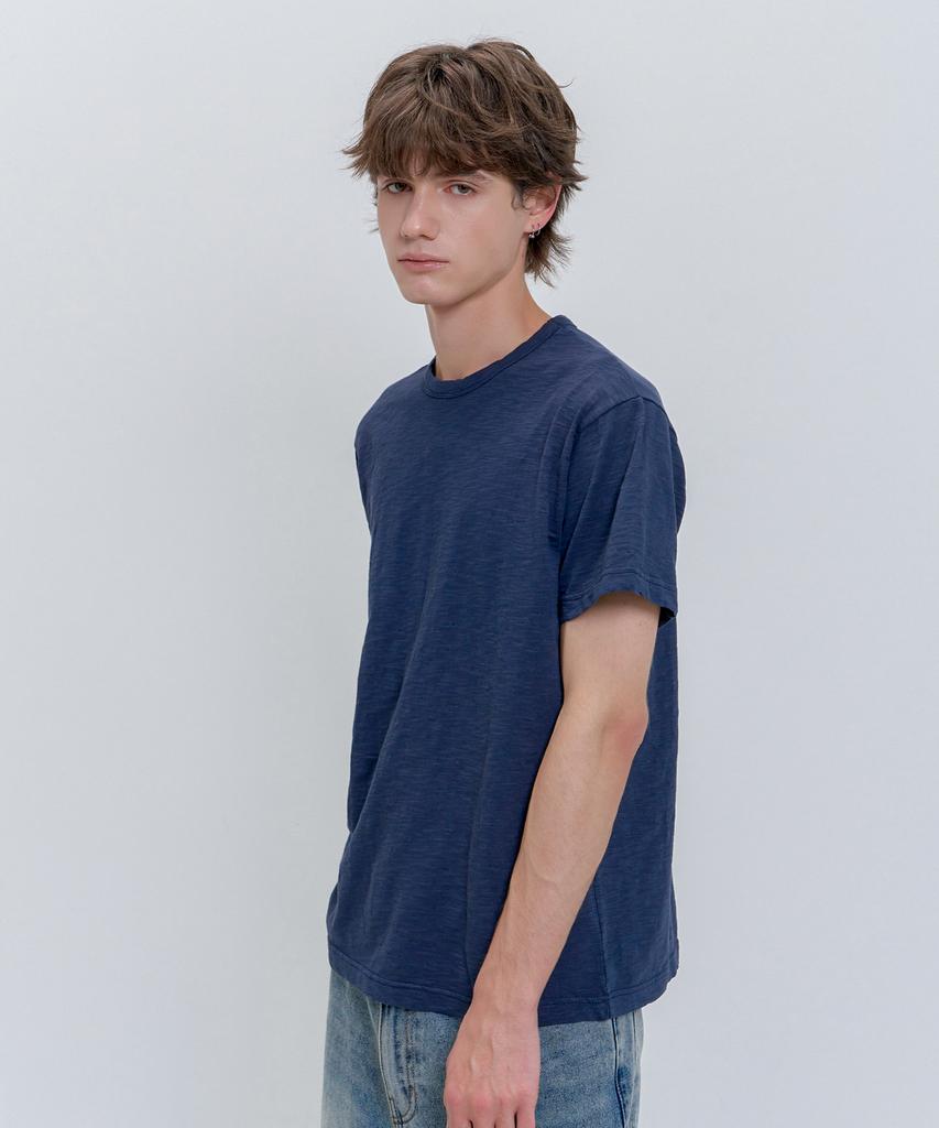 PSSHOPPER Semi-Crop Slub Vintage Short Sleeve T-Shirt [Navy]