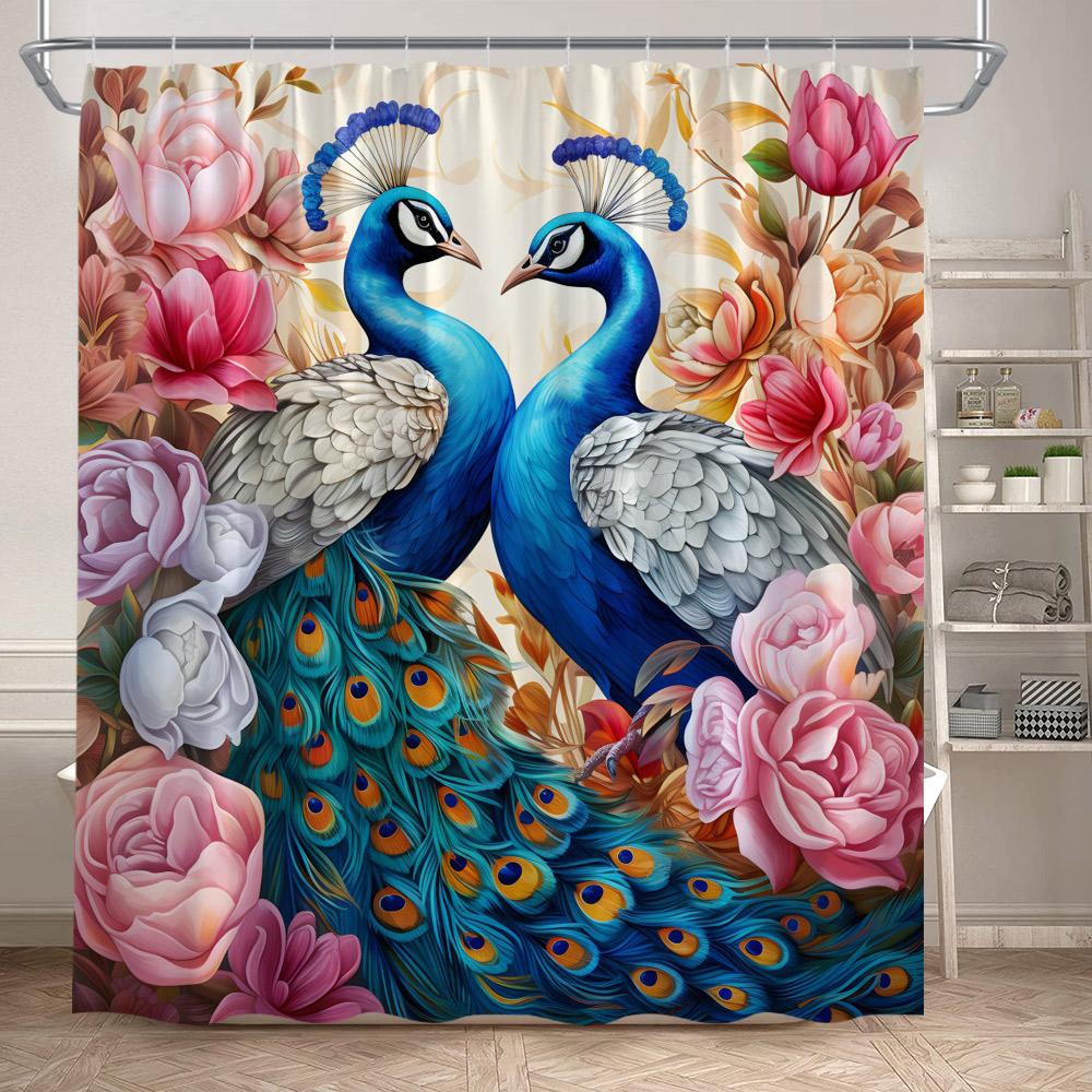 Blue Peacocks Shower Curtains Forest Trees Plants Flowers Waterfall Scenery Polyester Fabric Bathroom Curtain Decor With Hooks