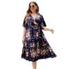 Summer Women's Dress V-Neck Navy Blue Printed Large Size Dress